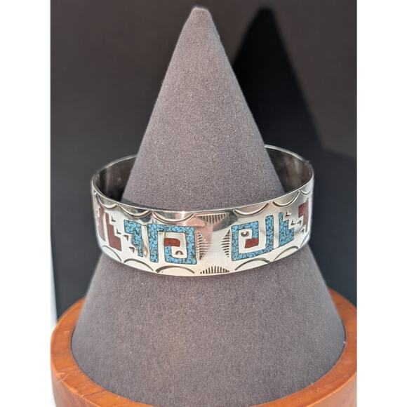 Vtg Navajo Sterling Silver Turquoise & Coral Chip Inlay Bracelet - Signed Ray B - Picture 1 of 8